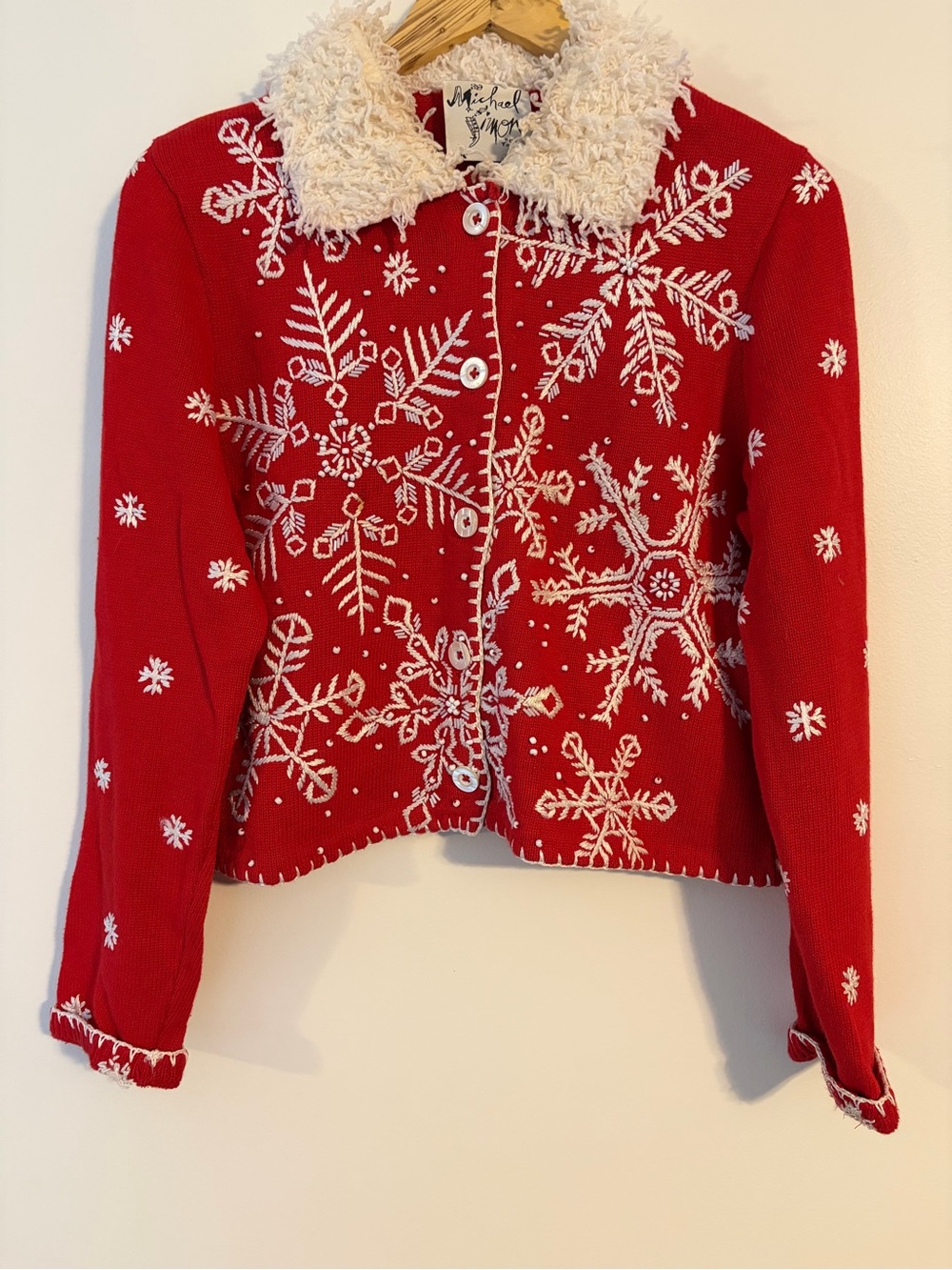 Vintage 1997 Michael Simon Red Snowflake Beaded Christmas Cardigan L